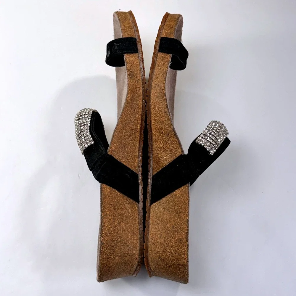 Mephisto Izabel Sandals Womens 40 Black Suede Rhinestone Embellished Cork Wedge
